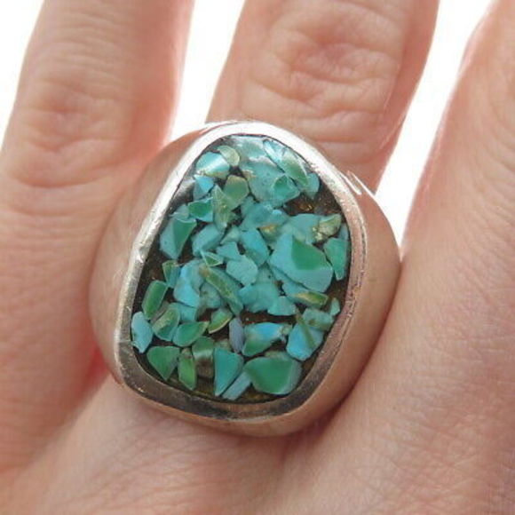 Old Pawn 925 Sterling Silver Vintage Southwestern Turquoise Inlay Ring Size 10.5